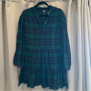 GAP Teal and Navy Plaid Half Button Front Mini Dress—Medium